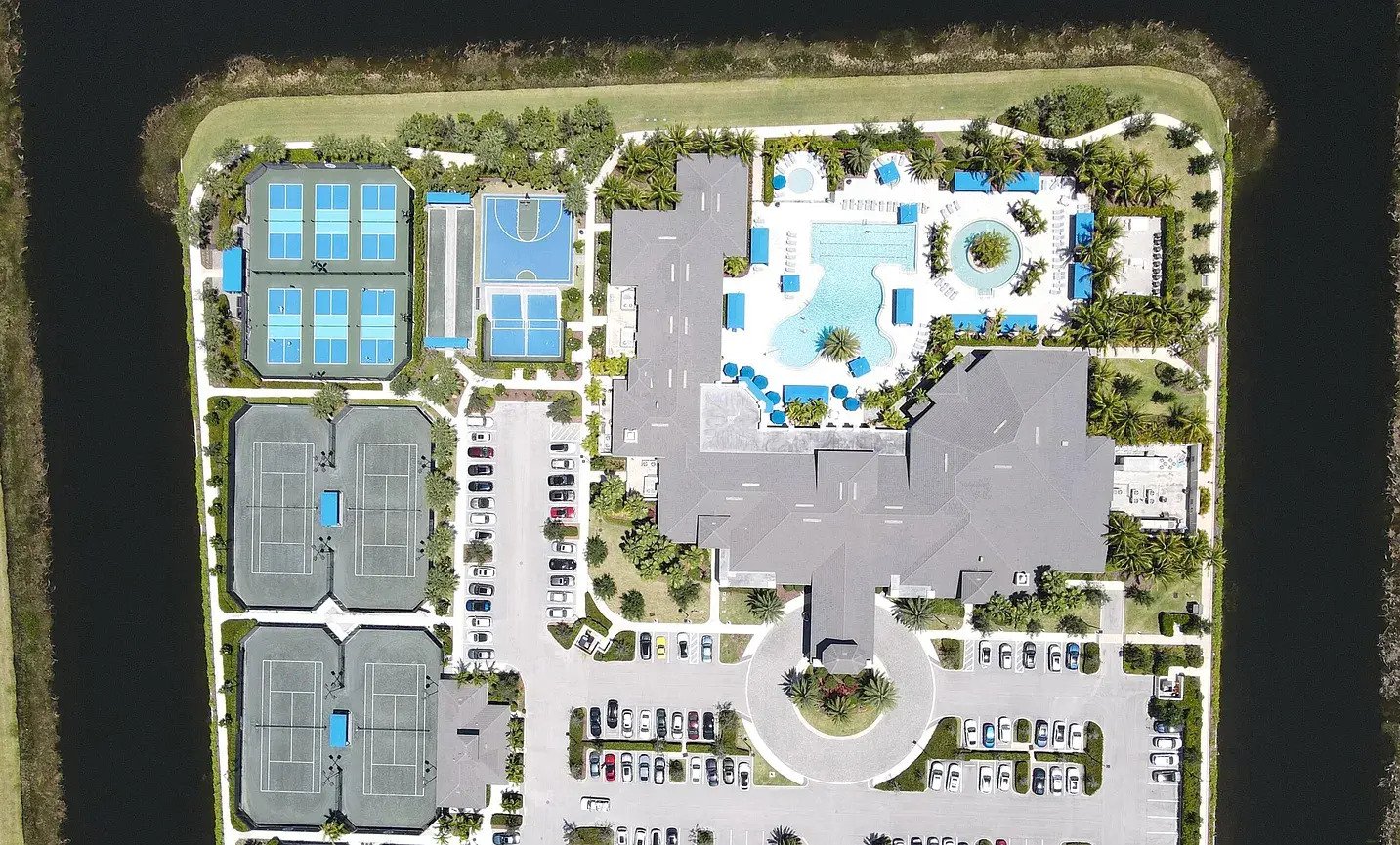 MLS-ready real estate drone photo HOA pool and recrational areas